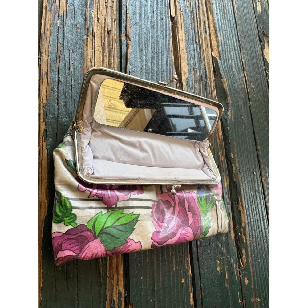 Vintage Oscar de la Renta Floral Plaid Cosmetic Bag Kiss Lock‎ Mirror Makeup